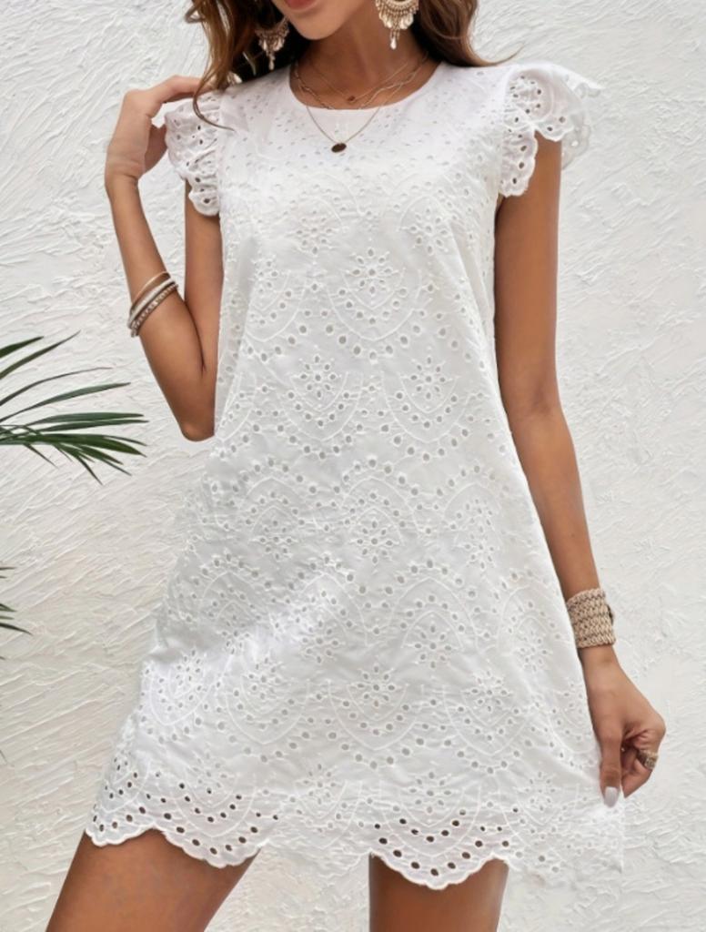 Whites Round Neck French Dress Women Summer Women's Waisted Temperament Long Skirt Skeleton