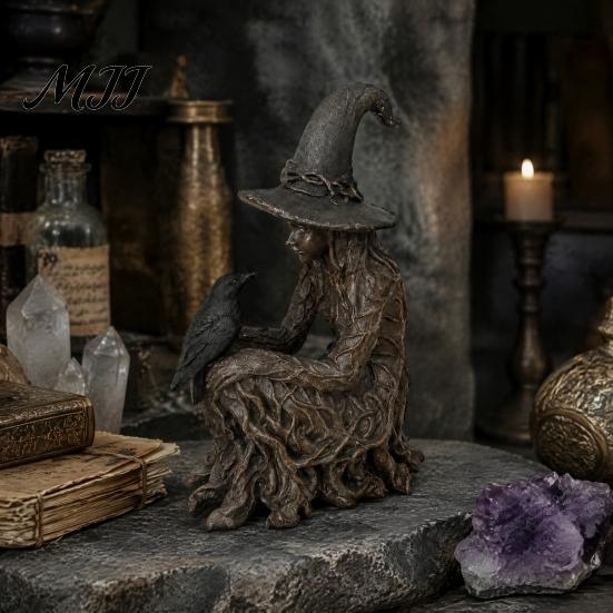 Crow Witch Sculpture Halloween Tree Statue, Gothic Resin Figurine, Fantasy Art Collectibles Dark Enchanting Ornament, Holiday Party Supplies