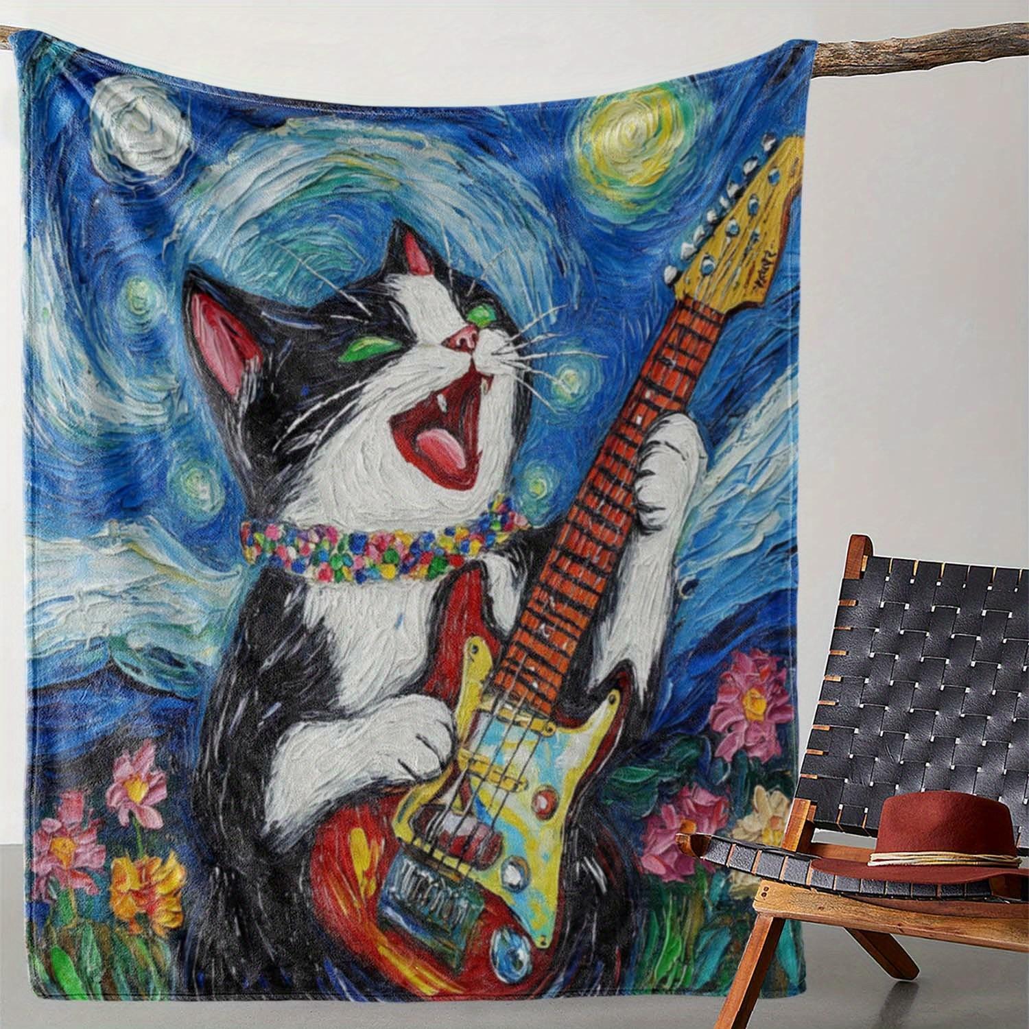 

1pc Blanket, Starry Sky Cat Playing Guitar Print Blanket, Warm, Comfortable And Soft Blanket, Suitable for Sofa, Bed, Sofa 75x90cm28x35in