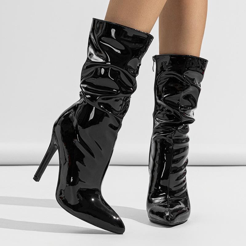 Stretch boots women's 024 pointed patent leather fashion zipper stiletto heel stack medium tube women's boots