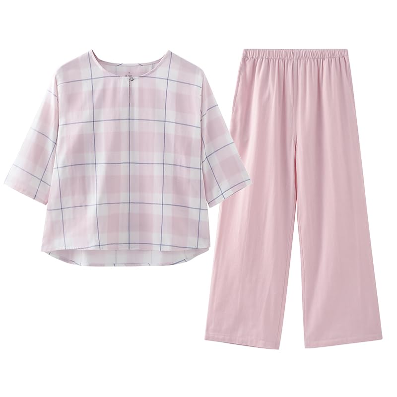 

RAKUYUME Легкий марлевый домашний костюм без воротника для весны и лета, женская пижама, рукава 3/4, двухслойная пижама, 100% хлопок, милый, розовый