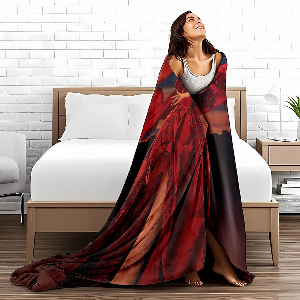 Woman In Flowing Red Dress for All Seasons Blanket Lunch Break Throw Gift