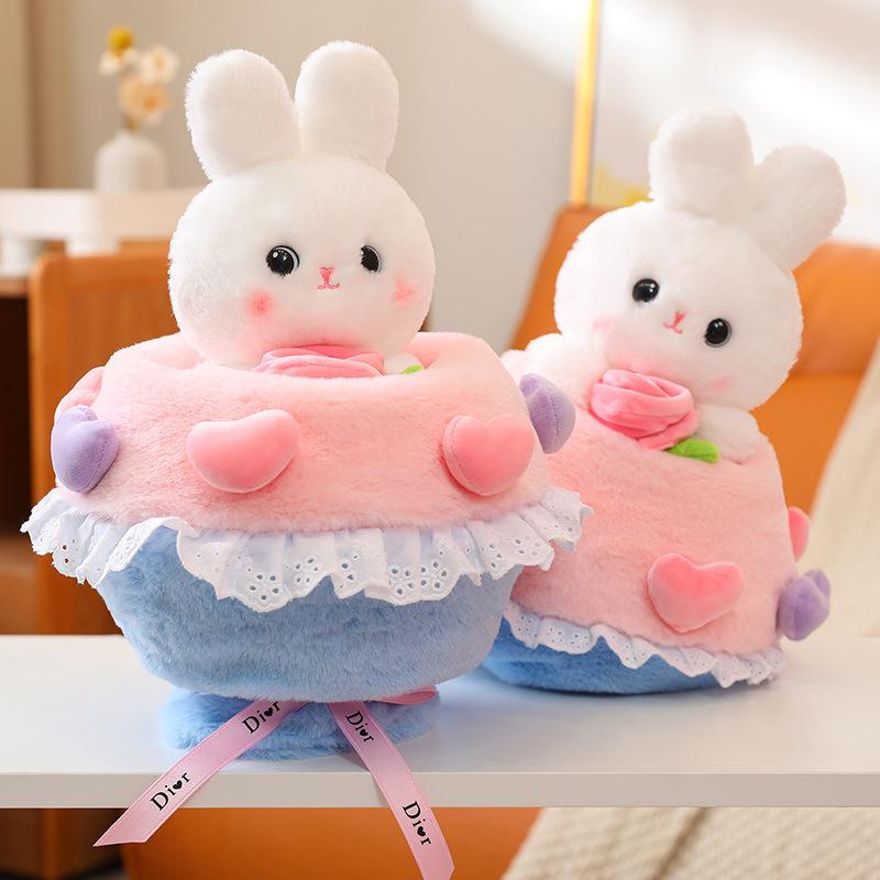 Plush Bouquet Toy Cartoon Animal Holding Flowers Rabbit Doll Chinese Valentine's Day Gift Confession Doll