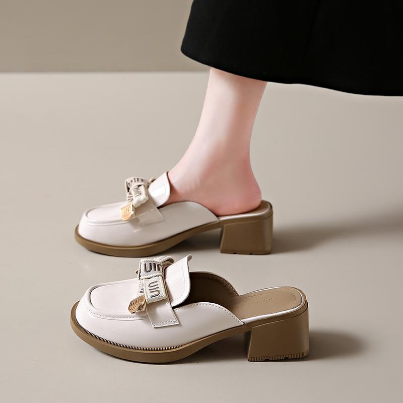 CRLAYDK Heeled Mules for Women Closed Toe Chunky Leather Shoes Slip On Comfortable Dress Pumps Slides Casual Ladies Loafers