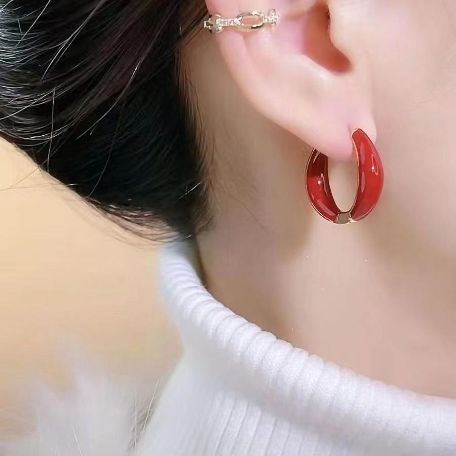 Elegant Red Oil Drip Hoop Earrings for Women - Trendy Luxury Design