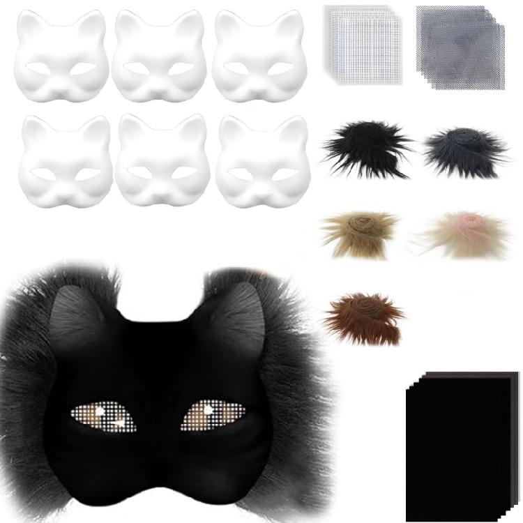 Cats  Foxes Mask with Furs Eye Mesh Felts Sheet Therians Dress Up Mask to Paint for Halloween Masquerade Cosplay Party