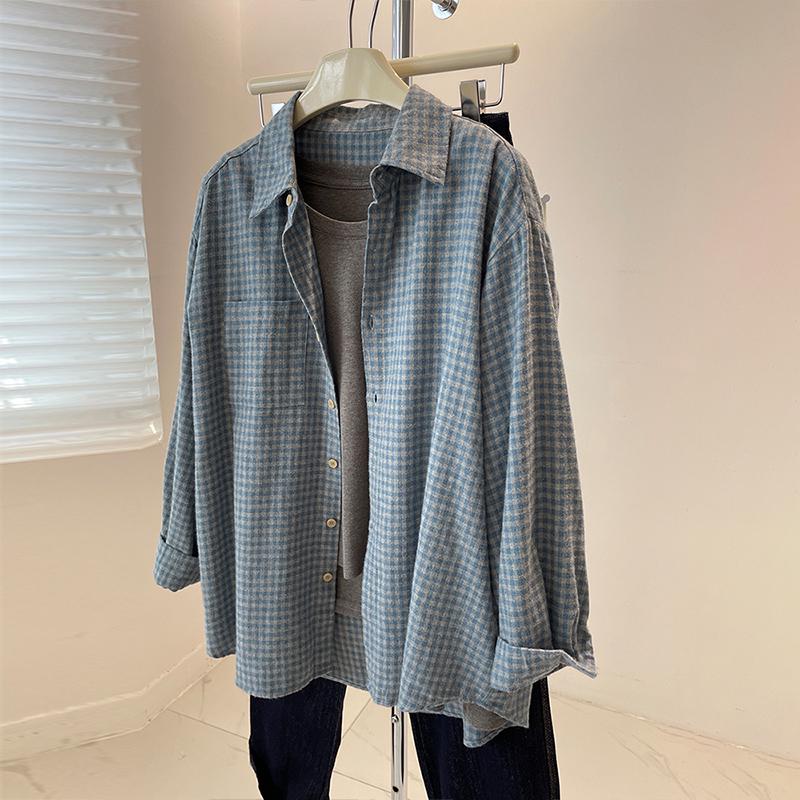 Women's Retro Brushed Blue Plaid Shirt Jacket – Thick, Loose Casual Outerwear for Autumn/Spring
