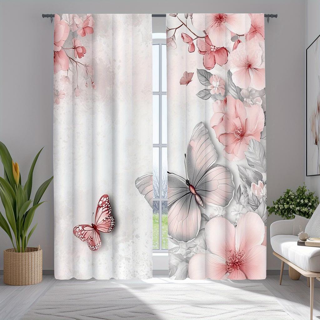 Wildflower Butterfly Print Curtains Polyester Fabric Perfect Bedroom Living Room Decoration Curtain For Made Of Machine Washable