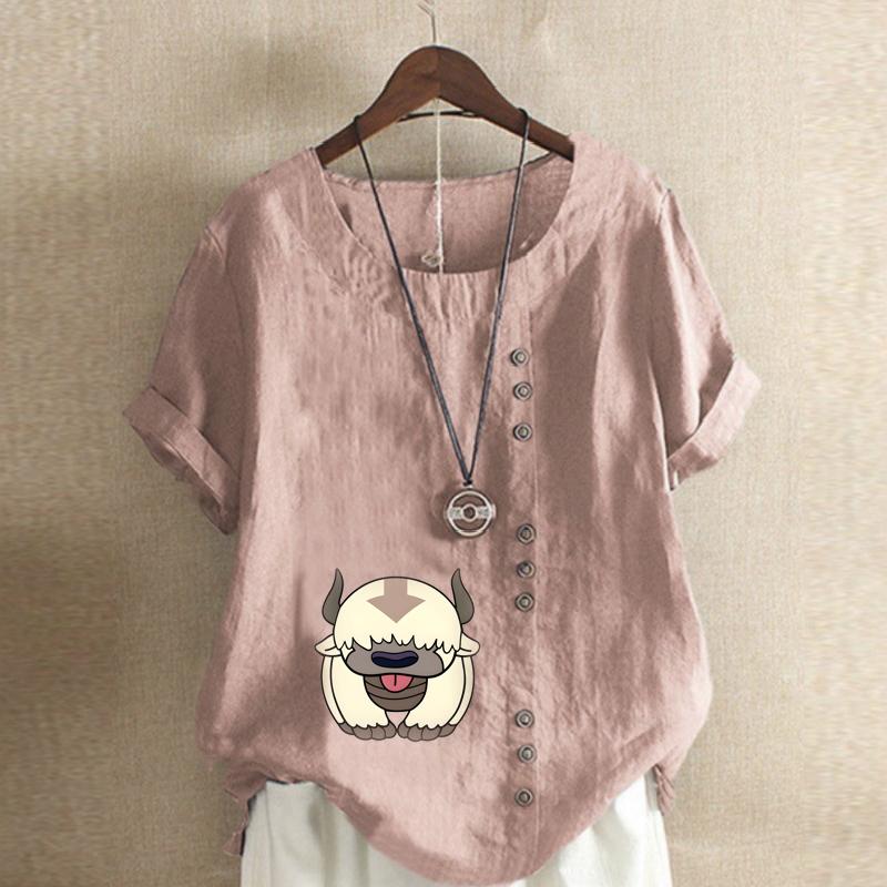 Damenmode Cartoon-Figuren bedrucktes T-Shirt mit Rundhalsausschnitt und kurzen Ärmeln, lässiges Baumwoll-Leinen-Grafikhemd, Freizeit, lockere Sommerbluse