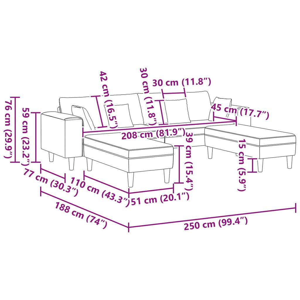 3 Piece Sofa Light Grey 250 x 188 x 76 cm Velvet