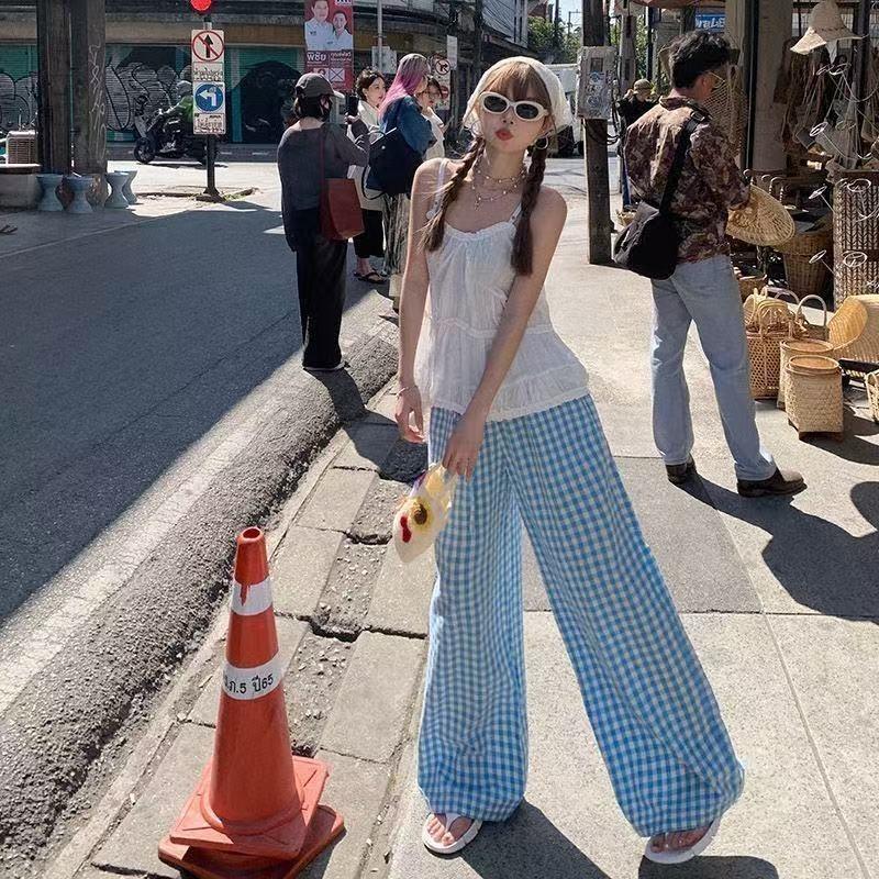 Girly Dopamine Blue Plaid Pants Women's Summer Thin Loose Straight Wide-leg Pants Lazy Casual Yamamoto Pants