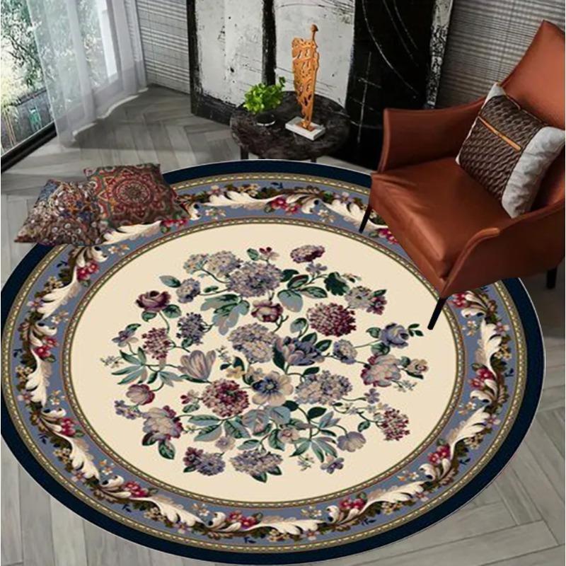 European Vintage Floral Round Carpet Ethnic Style Elegan Home Decor Rug Soft Non-slip Floor Mat for Living Room Bedroom