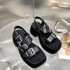 Women's Fashion Chunky Sandals Summer New Square Head Open Toe Metal Buckle Waterproof Platform Non-slip High Heels
