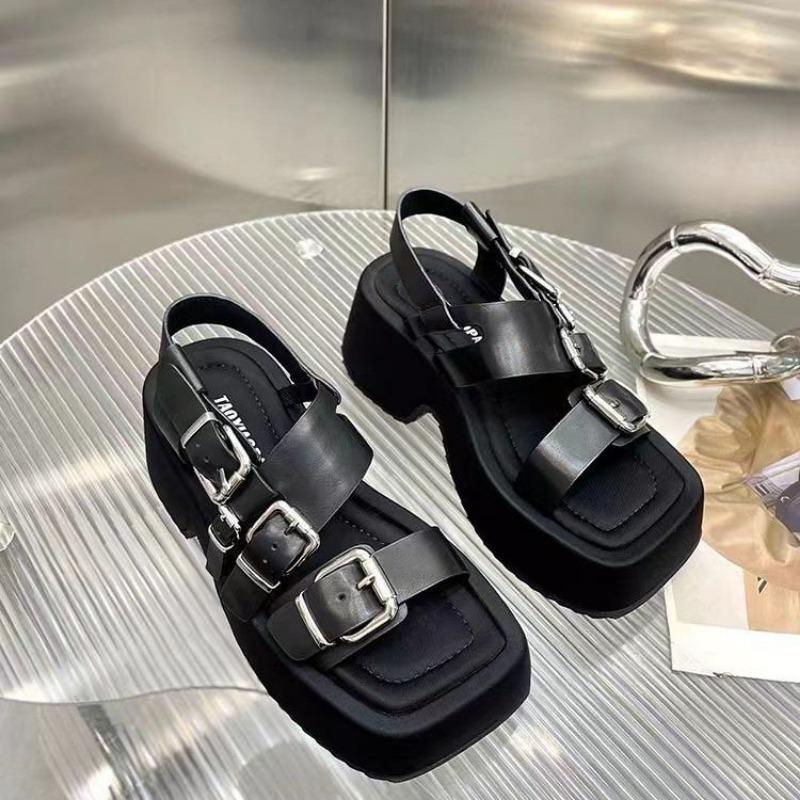 Women's Fashion Chunky Sandals Summer New Square Head Open Toe Metal Buckle Waterproof Platform Non-slip High Heels