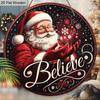 Believe Wooden Christmas Sign with Santa Claus Pattern - Navidad Round Sign for Front Door, Wall Hanging Decor - Ideal Christmas Ornament