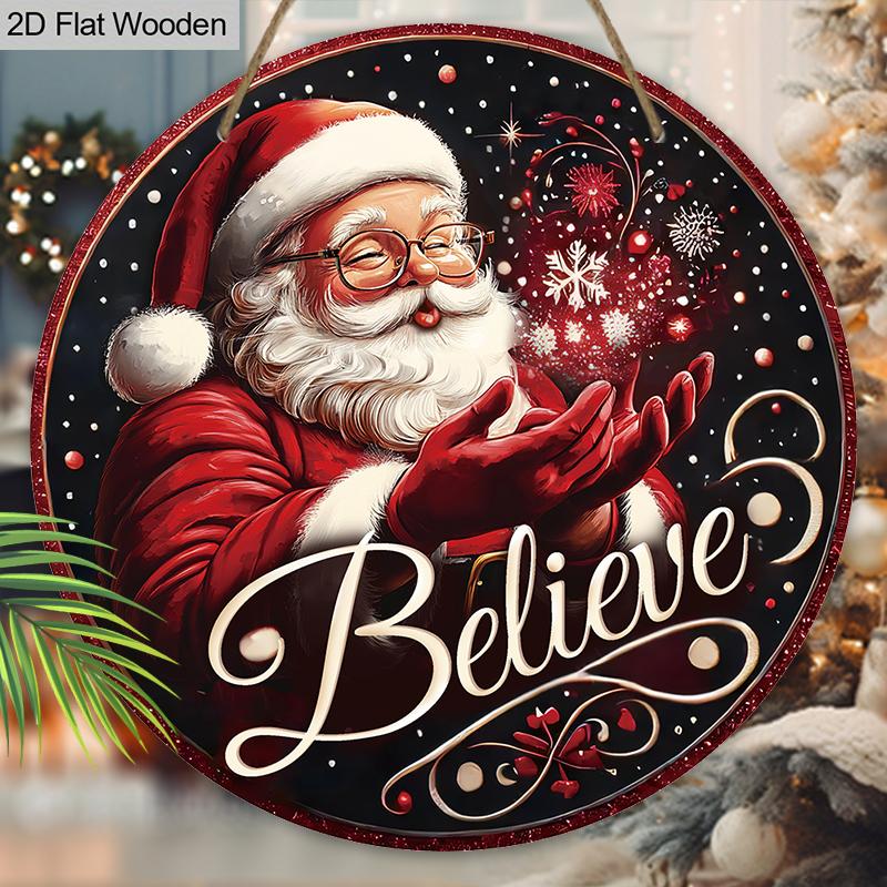 Believe Wooden Christmas Sign with Santa Claus Pattern - Navidad Round Sign for Front Door, Wall Hanging Decor - Ideal Christmas Ornament