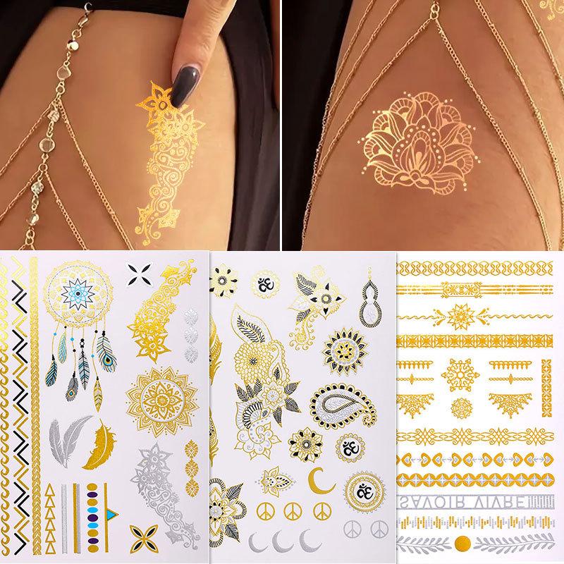 Hot Stamping Tattoo Sticker Waterproof Retro Metal Temporary Tattoo Tattoo Hot Silver Tattoo Sticker