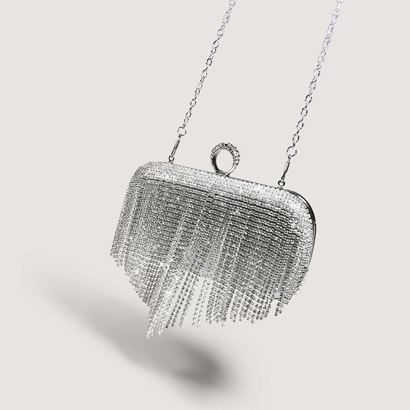 

Tassel Rhinestone Silver Advanced Texture Portable Evening Gown Flash Silver(Hard Satchel + long chain)