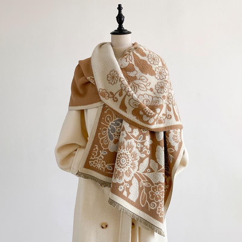 Art sense retro jacquard double-sided shawl scarf imitation cashmere fringed edge autumn and winter with coat atmosphere wear