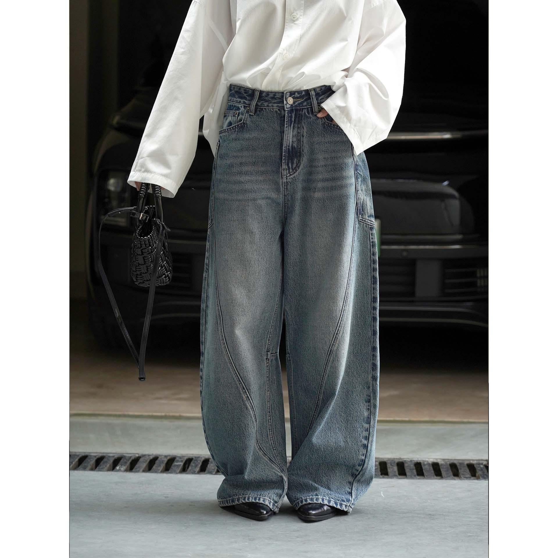 

Women s Korean Workwear Style Patchwork Loose Wide-Leg Jeans for Autumn/Winter Small синий