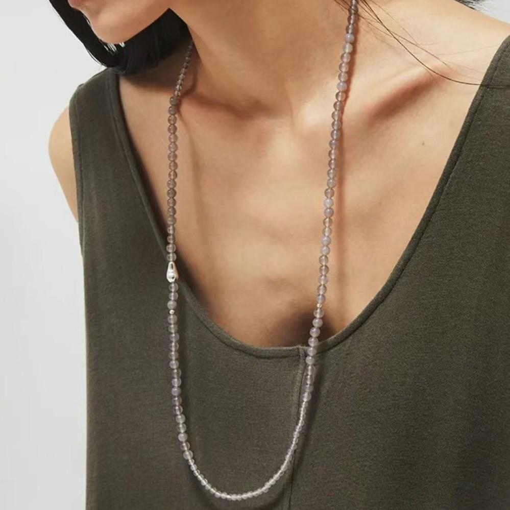 

Gray Agate Teardrop Necklace with White Gold Plating - Luxury Beaded Sweater Chain