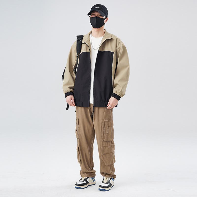 Men's jacket spring and autumn new patchwork jacket men's loose and versatile casual lapel jacket cargo sports clothes