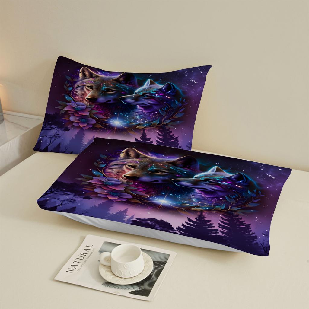 3pcs Purple Fitted Sheet Sets 3D Printed Dramatic Valley Flowers Wolve And Fox  Gifts For Teen Boys Soft Washable Flat Sheet