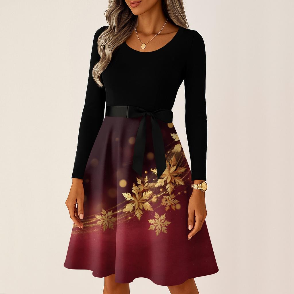 Kadın Günlük Moda Uzun Kollu Noel Grafik Baskılı Vintage Uzun Elbiseler