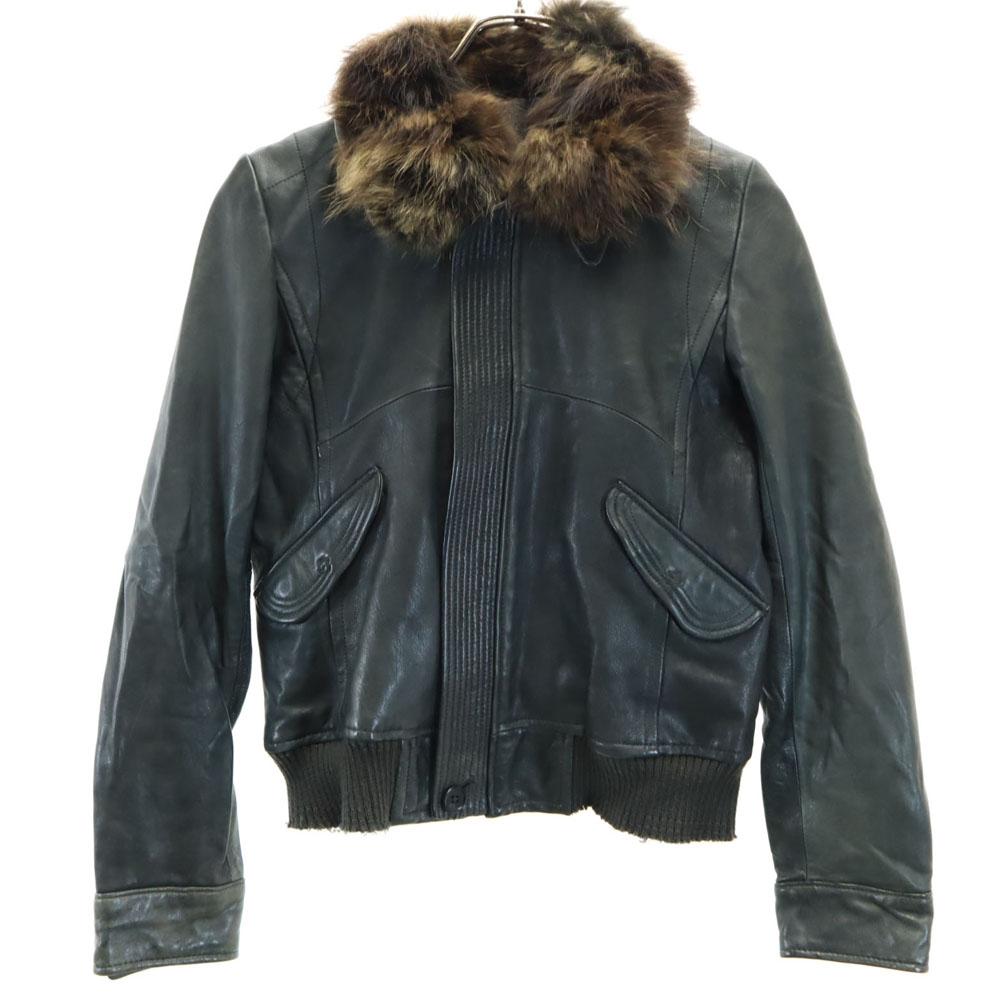 Pas De Calais Leather Jacket 38 Dark Green With Raccoon Fur Women Used