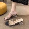 Thick Heel Cool Slippers Women's Summer Wear 2025 New French Rhinestone Middle Heel with Sandals Crystal High Heels
