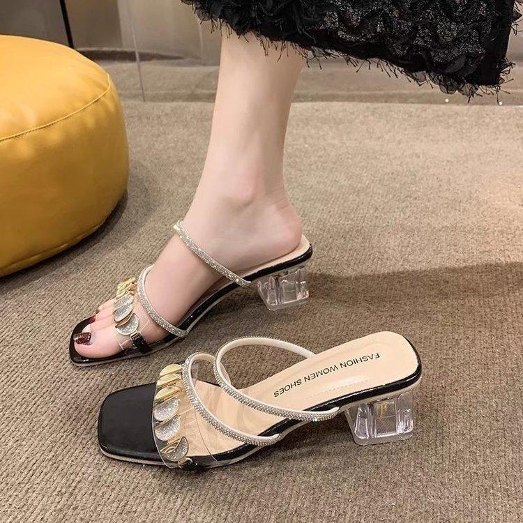 Thick Heel Cool Slippers Women's Summer Wear 2025 New French Rhinestone Middle Heel with Sandals Crystal High Heels
