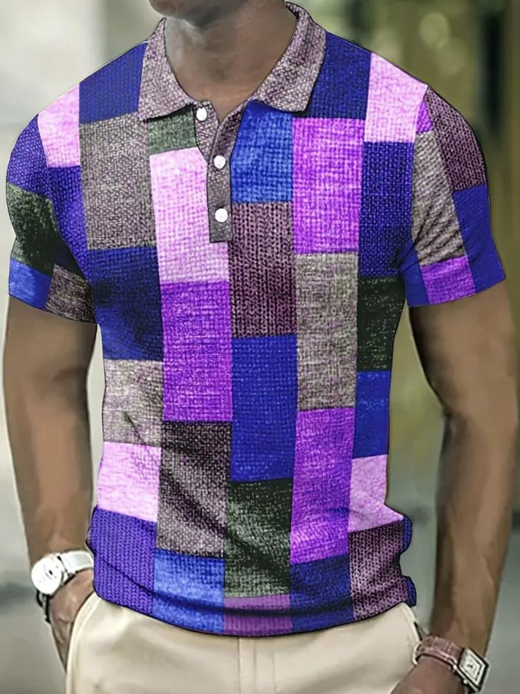 

Men s Color Block Polo Shirt, Short Sleeve Casual Slim Fit Button Down Shirt, Multi-Color Geometric Pattern Summer Top 6XL