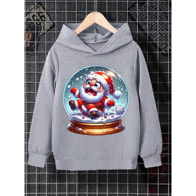 A Casual And Simple Grey Hooded Sweatshirt For Boys With A Crystal Ball Santa Claus Pattern Print, Suitable For Daily Outings