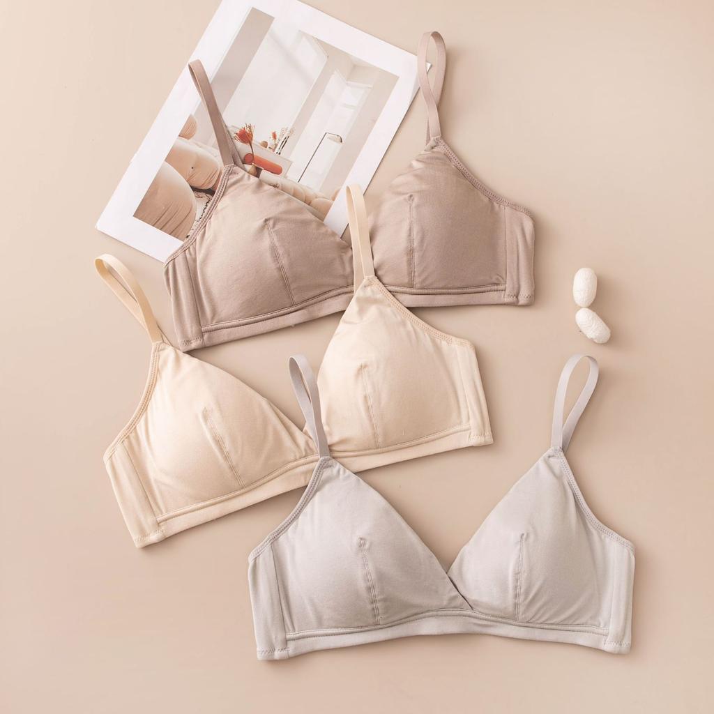 New mulberry silk bra light luxury high sense triangle cup V neck no steel ring elastic shoulder strap comfortable
