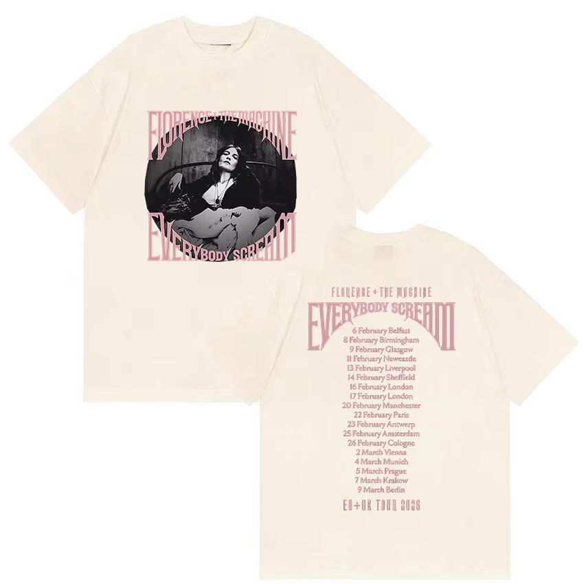 Rock Florence The Machine Everybody Scream Tour 2026 Graphic T Shirt Unisex Women Vintage Pure Cotton Short Sleeve Top Streetwear
