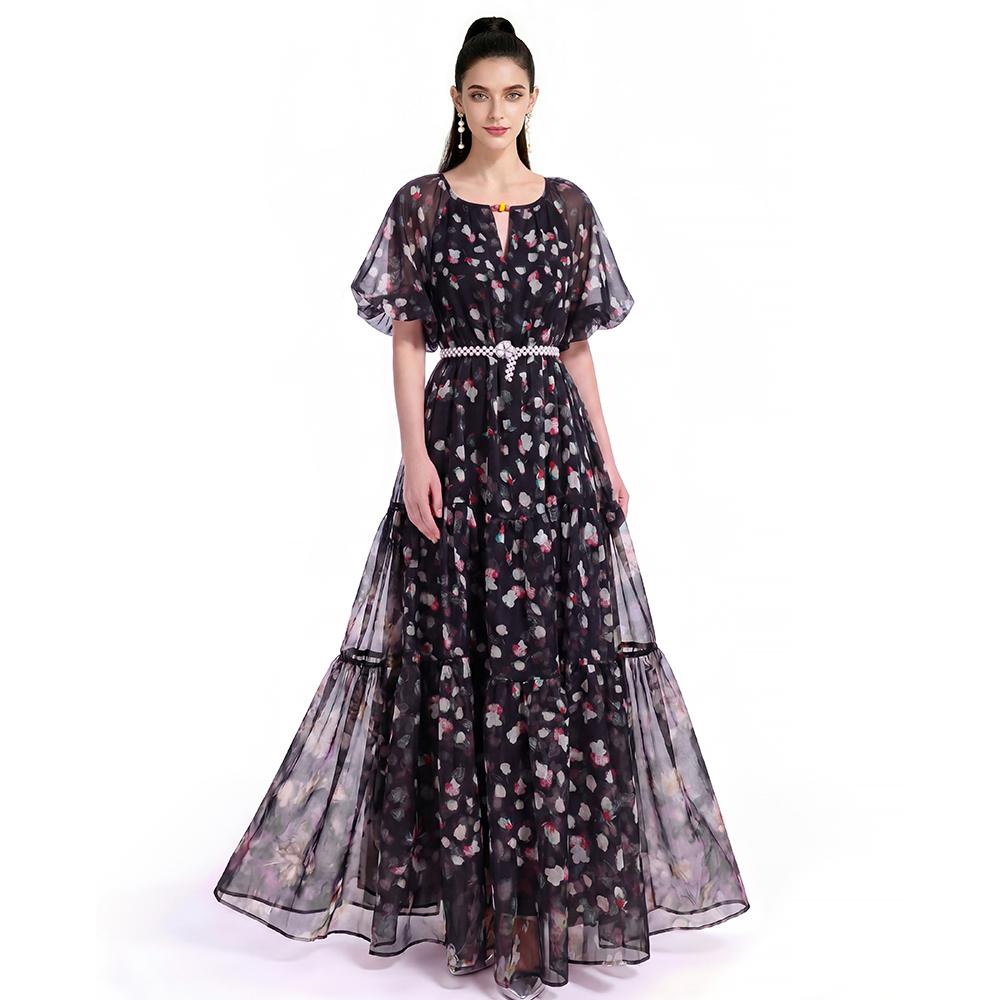 Summer Holiday Vacation Flower Print Long Maxi Dress Bohemian O-neck Short Sleeve High Waisted Chiffon Party Dresses Casual Robe