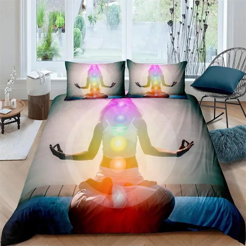 Bohemian Chakra Meditation Duvet Cover Relax Theme Yoga Bedding Set Exotic Mandala Lotus Comforter Cover Full King Bedroom Decor