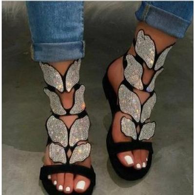 Large Size Rhinestone Sandals Women's 2025 New Summer One-word Flat-bottomed Butterfly Rhinestone Sandals Wish2025