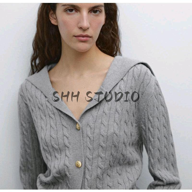 MD Spring New Women's Clothing Gray Pure Cotton Twisted Sailor Collar Sweaters Cardigan 5746641