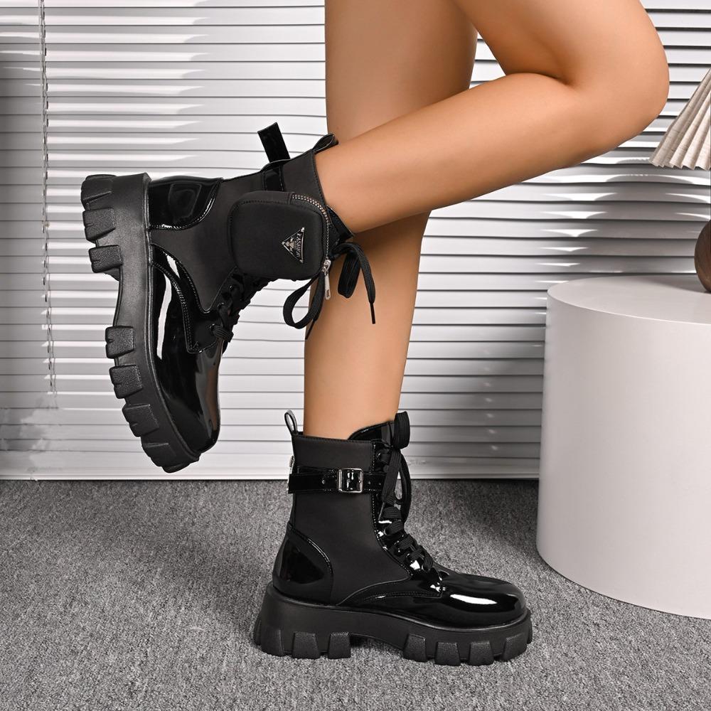 Dámské boty Nové v Motocyklové Kotníkové boty Klínky Dámské Šněrovací Platformy Bílé Černé Kožené Oxfordky Dámské boty Mujer Taška