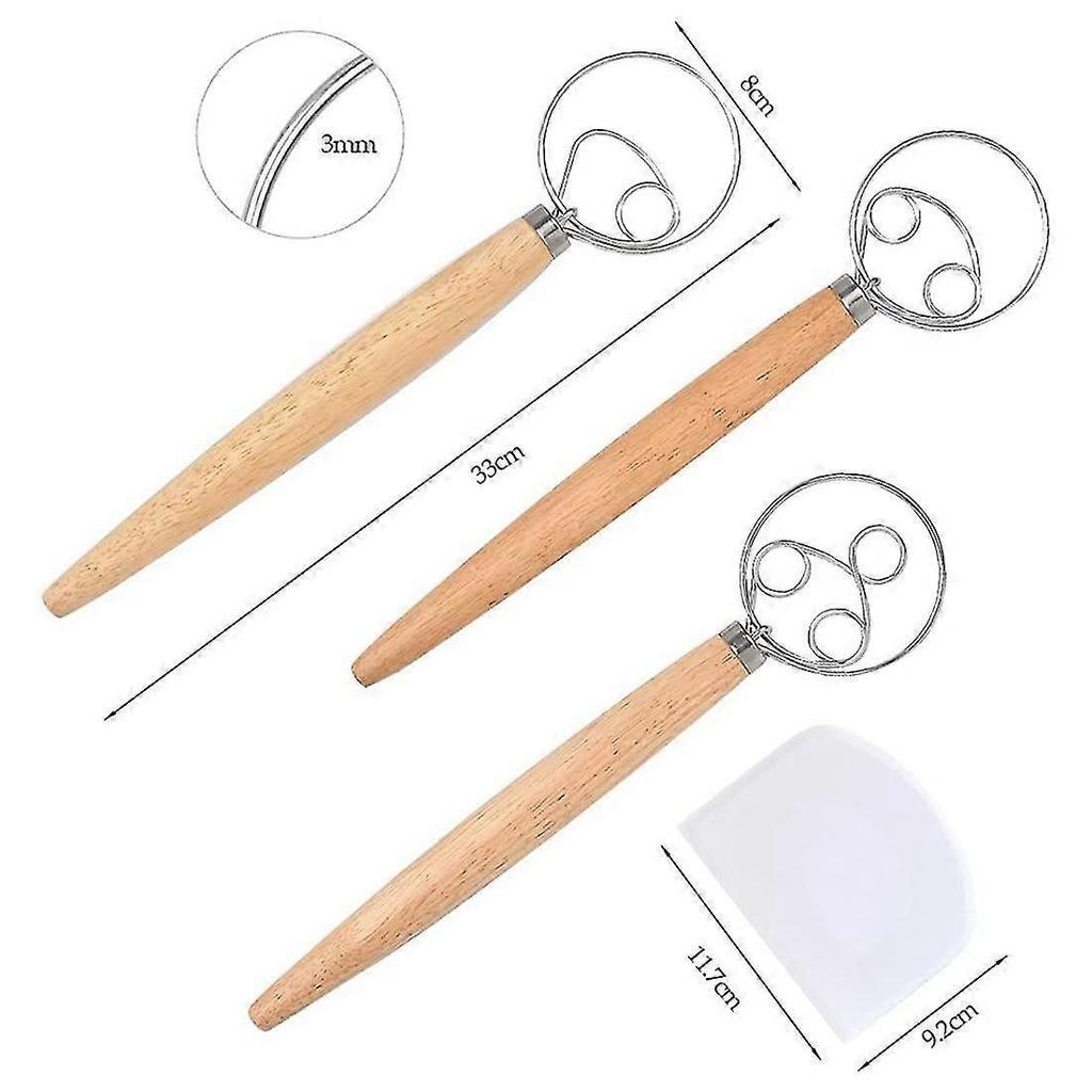 3 Pack Danish Dough Whisk Bread Mixer,dutch Whisk With Dough Scraper For Bread,pastry Or Pizza Doug