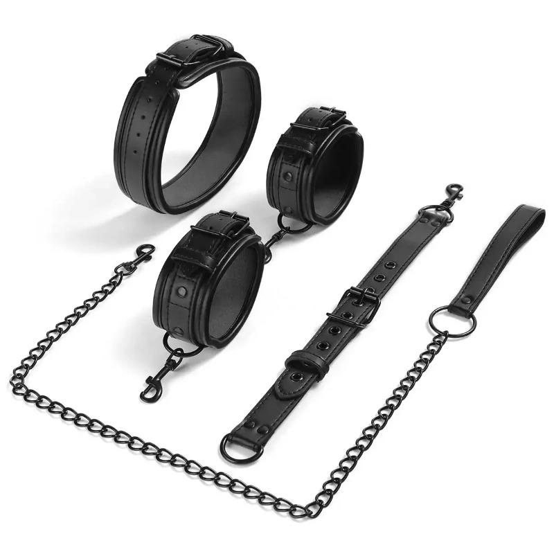 Kit de Contraintes Bondage Cou-Poignet – Jouets Sexuels pour Couples avec Laisse à Chaîne, Menottes et Collier pour Jeu de Rôle d'Esclave
