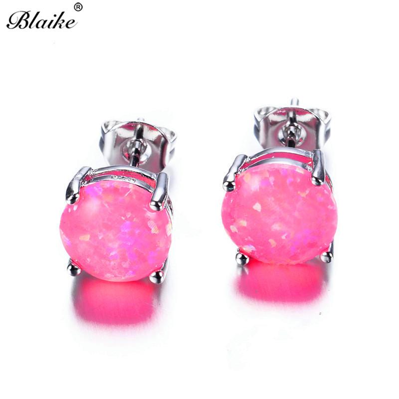 Luxury Jewelry Exquisite 6MM Round White Blue Green Fire Opal Stud Earrings For Women Silver Color Wedding Party Jewelry Gifts