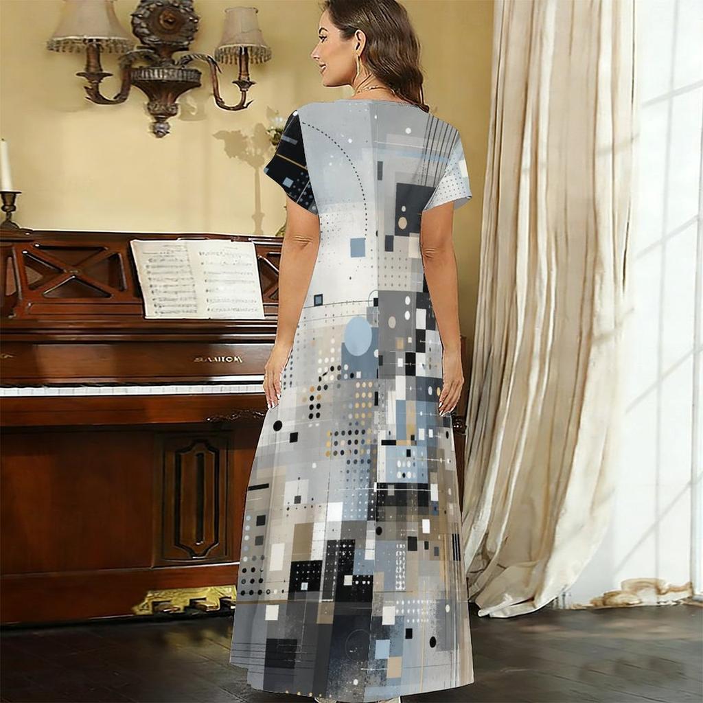 Women Plus Size V Neck Short Sleeve Geometric Printed Straight Long Dress