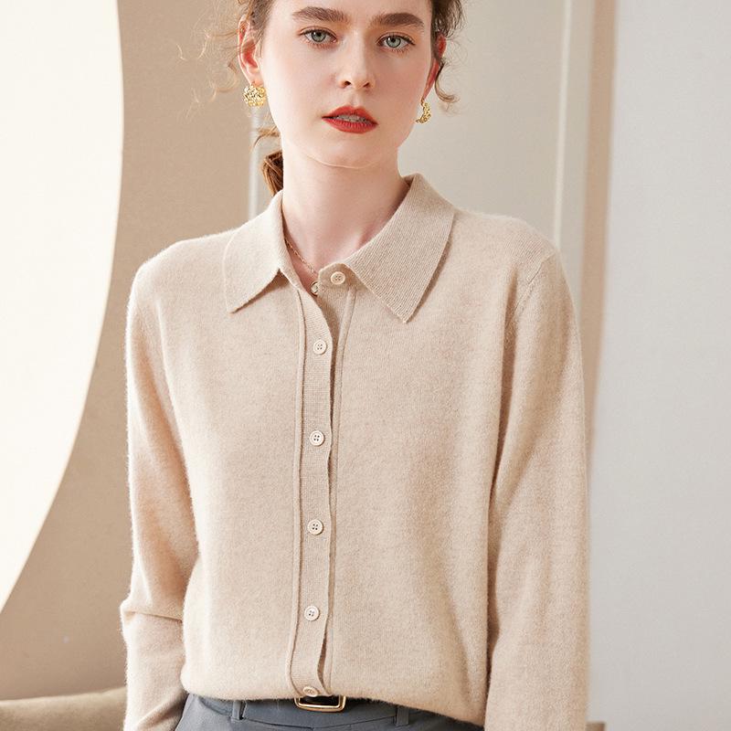 Women's Fashion Cashmere POLO Collar Long Sleeve Cardigan Sweater