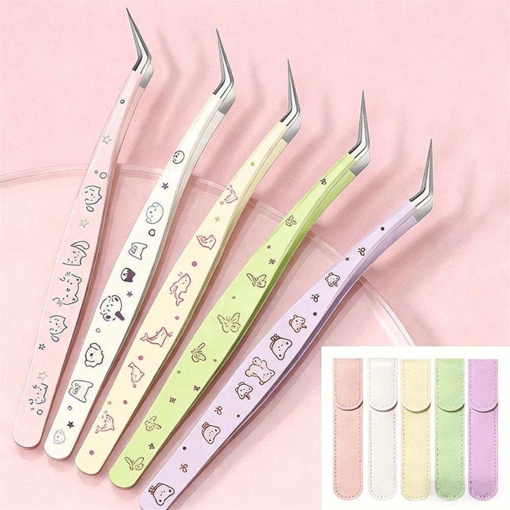 Stainless Steel False Eyelash Tweezers Anti-static With Leather Case Lashes Extension Tweezer High Precision Cartoon