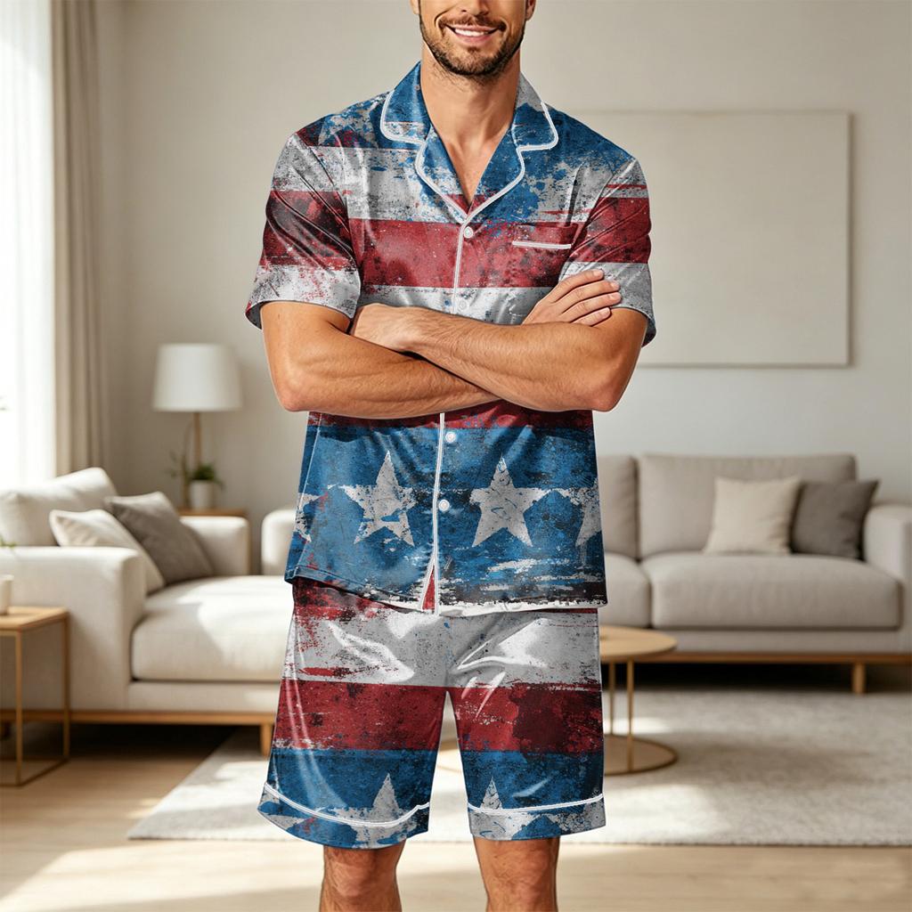 Men's Satin Short Sleeve Pajama Set Two Piece Soft Lightweight Sleepwear with Shorts and Pockets Button Down Top Lounge Suit