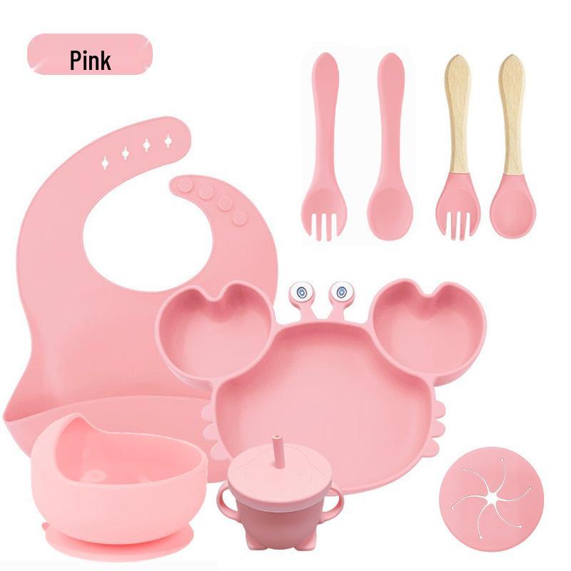 Crab 9-Piece Tableware Set: Silicone Bib, Baby Food Bowl, Fork, Spoon, Compartmentalized Meal Plate - Food Grade