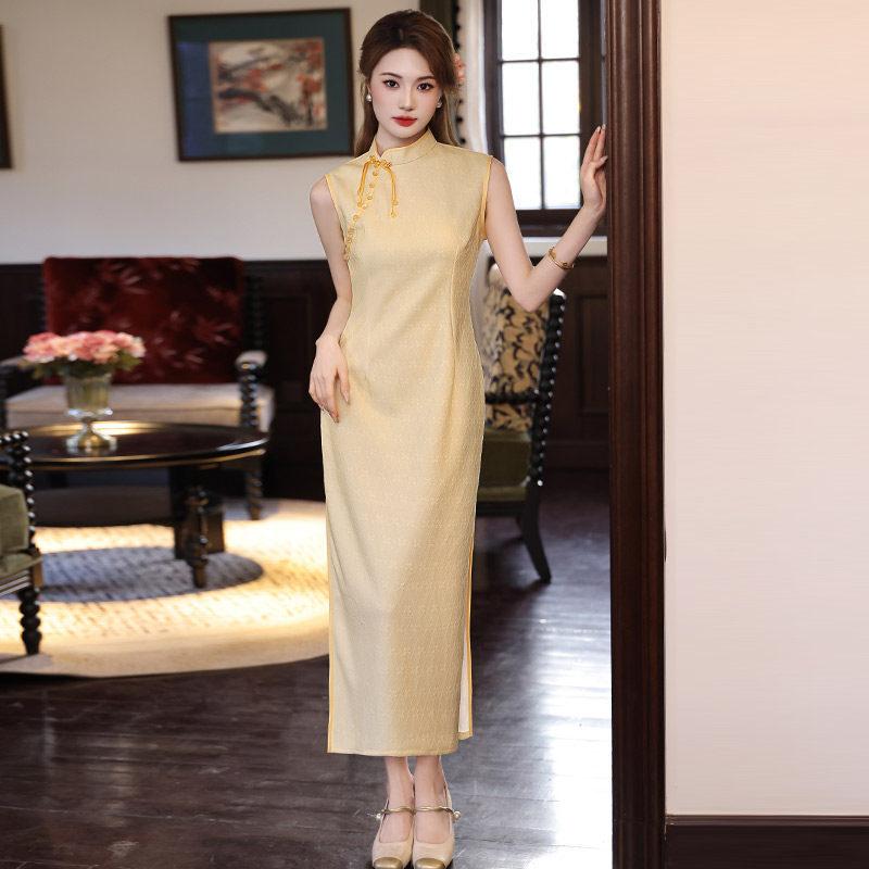 Yellow sleeveless national style new Chinese daily Suzhou long cheongsam improved young 1011 new women's high sense