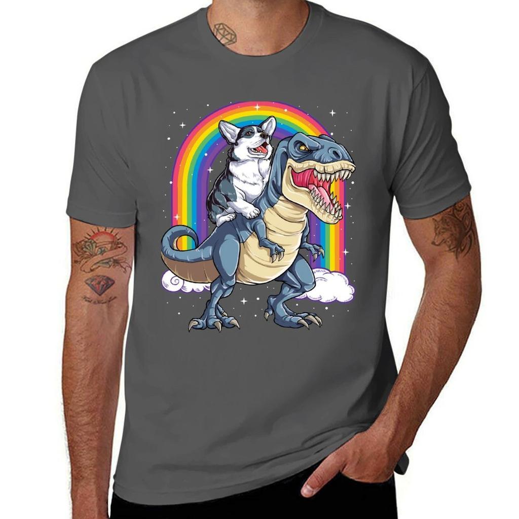 Corgi Riding Dinosaur T Rex Shirt Funny Rainbow Dog Tshirt Outdoor Sports Short Sleeve Top